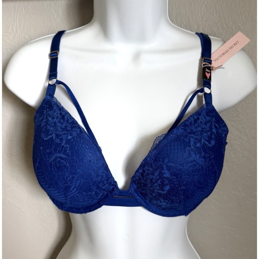 Victoria's Secret Very Sexy Push Up Bra 34D Blue Lace Strappy Adjustable NEW!